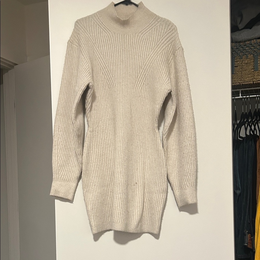 H&M Cream Ribbed Mock Neck Mini Dress